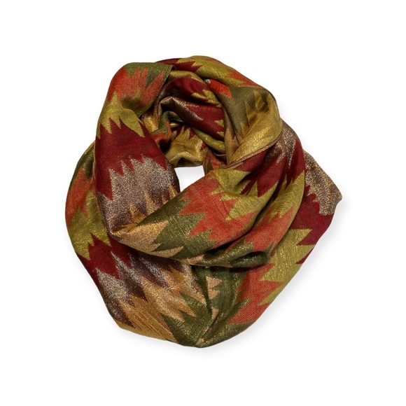 Infinity scarf 60% viscose 40% acrylic Sparkly gold red green abstract d… - Picture 1 of 6